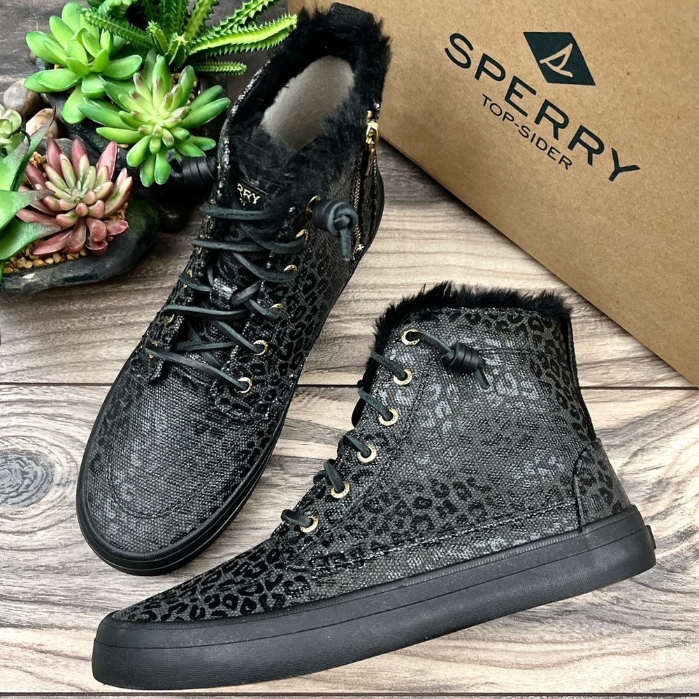 NIB Sperry Crest Vibe Canvas High Top Sneaker Black Animal Print Textile